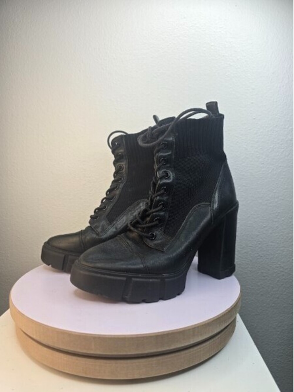 ALDO Rebellious Black Knit Sock Combat Platform Heeled Boots Womens Size 6 M